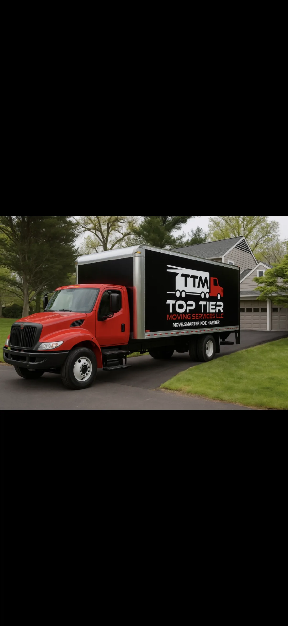 Branded Top Tier moving truck at a residential job site